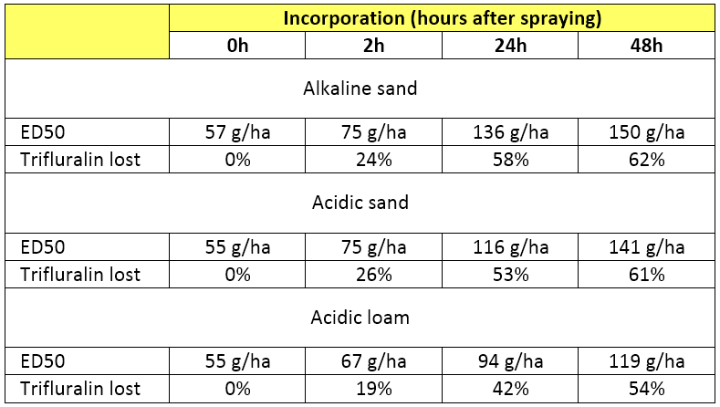 Table 3. Effect of pH and soil type and time to incorporation on the ED50 of annual ryegrass emergence and trifluralin loss. Soils were; an acidic sand, an alkaline sand and an acidic loam.